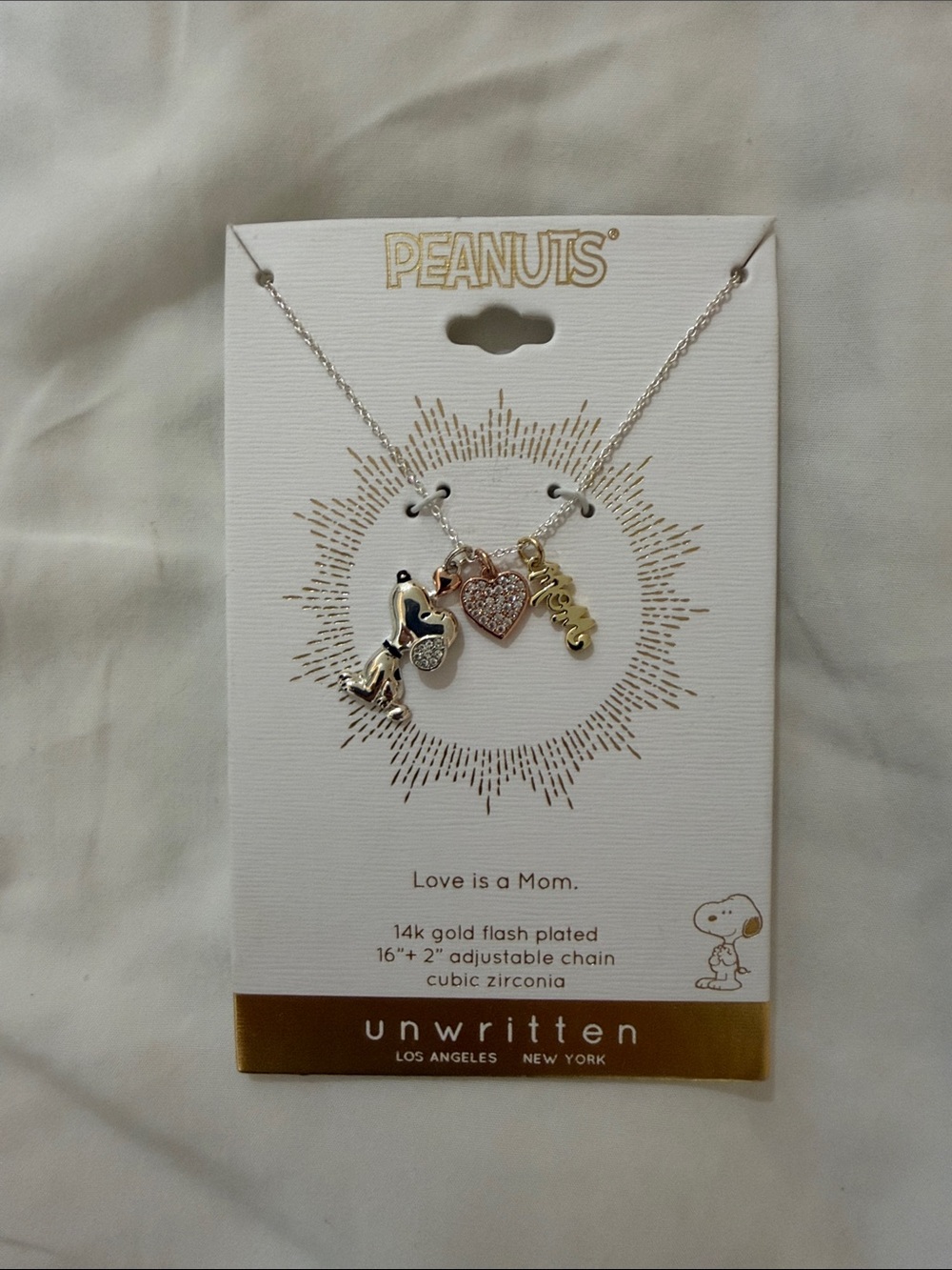 Unwritten Gold & Rose Pink Peanuts 'Love is a Mom' Charm Necklace